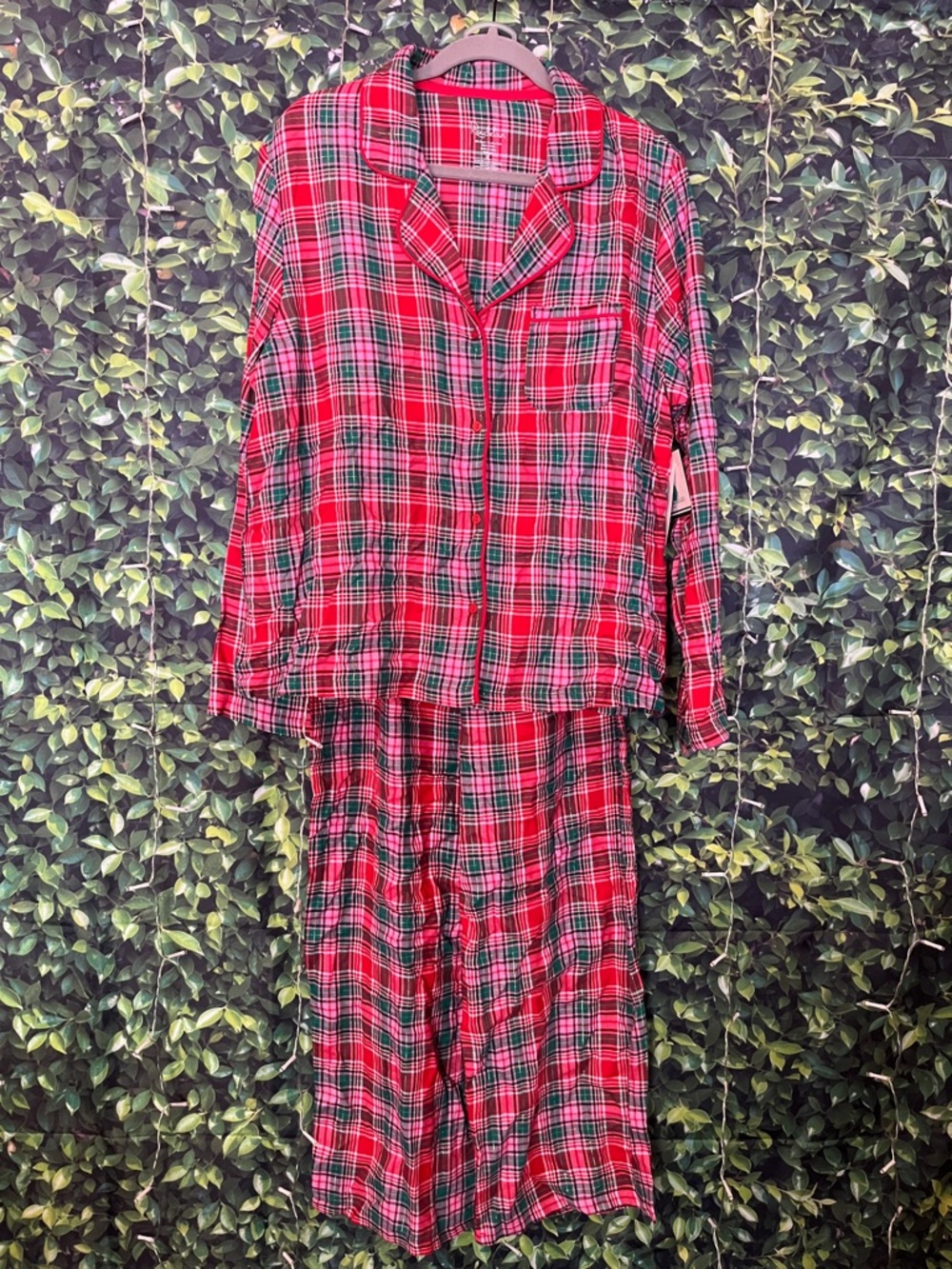 Pink Red Green White Gold Plaid Pajama Set
